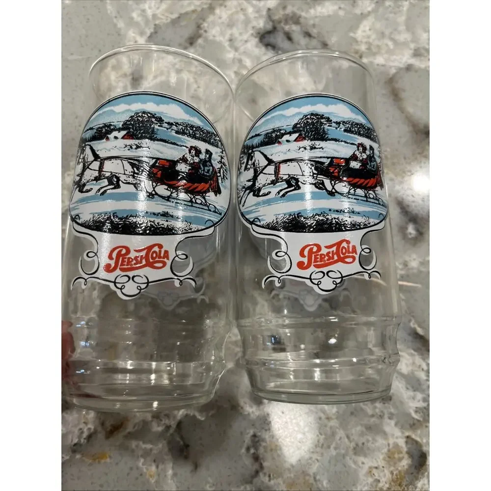 Two Vintage collectible Pepsi-Cola Glasses Horse Pulling Sleigh Winter Holiday